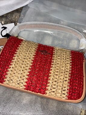 COACH Woven Straw Crossbody Bag - Red & Natural